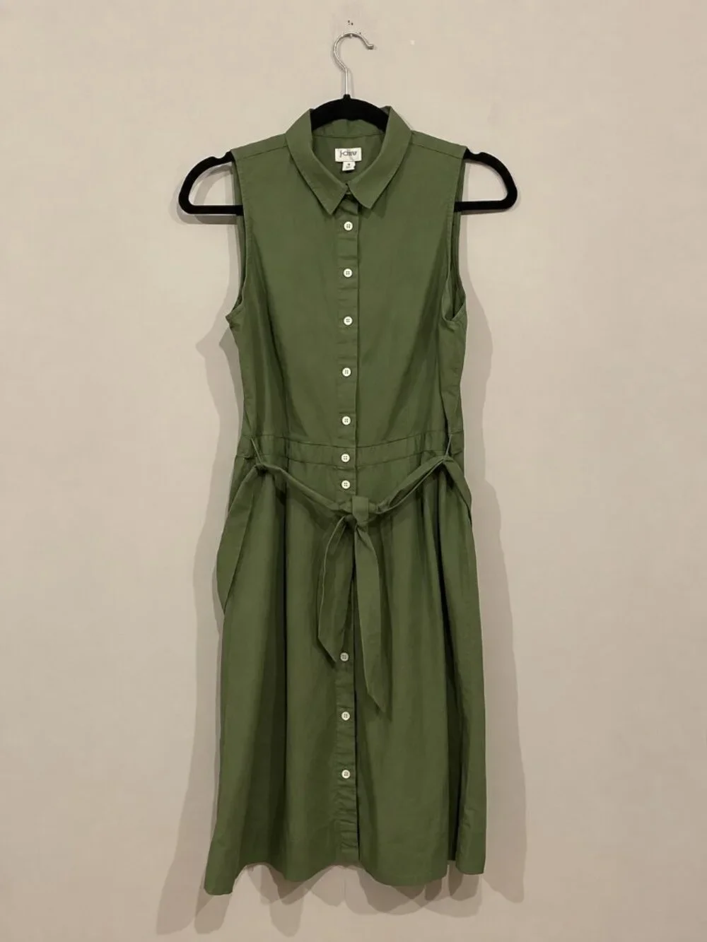 J.Crew Women’s Size 8 Olive Green Sleeveless Button Front Belted Shirt Dress